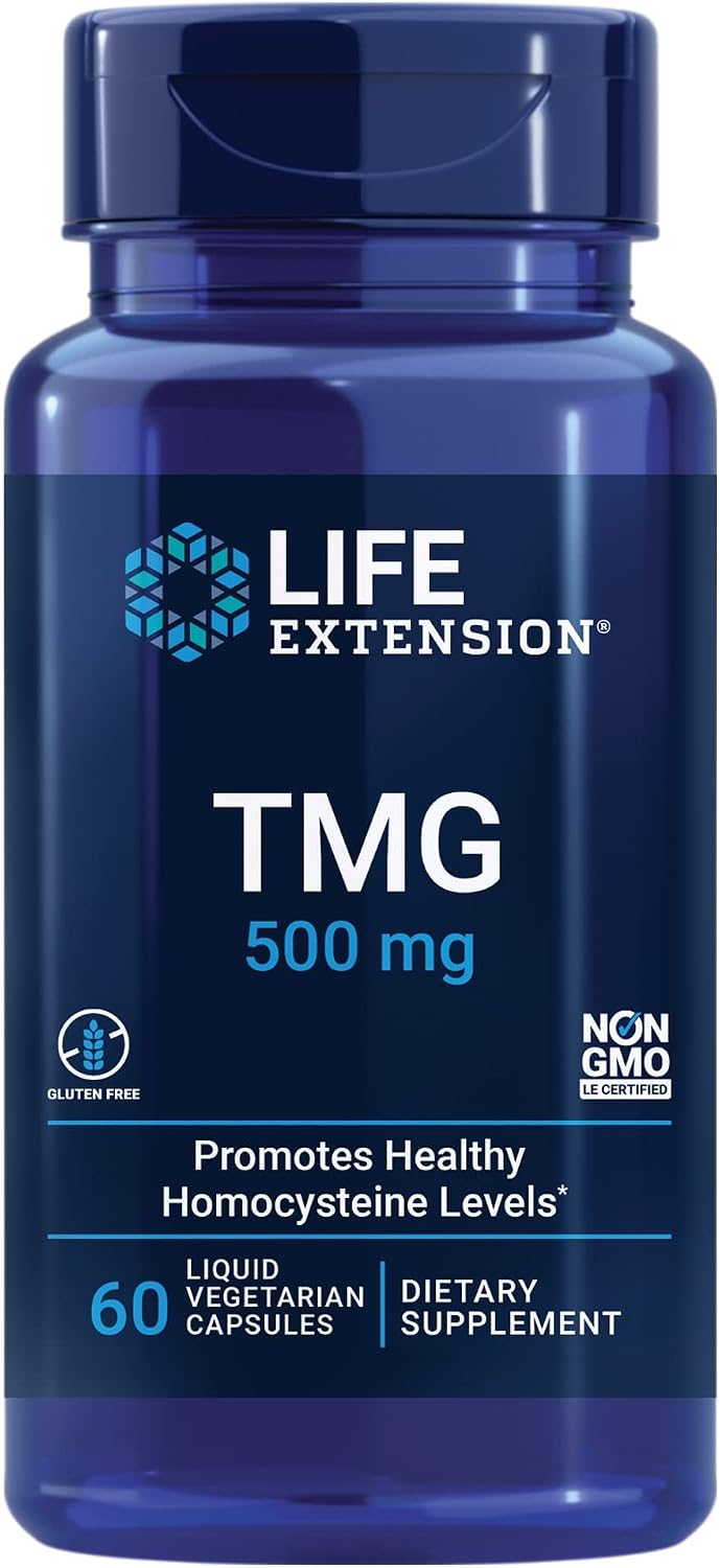 Life Extension TMG, trimethylglycine, Encourages Healthy homocysteine Levels, Non-GMO, Gluten-Free, Vegetarian, 60 Capsules