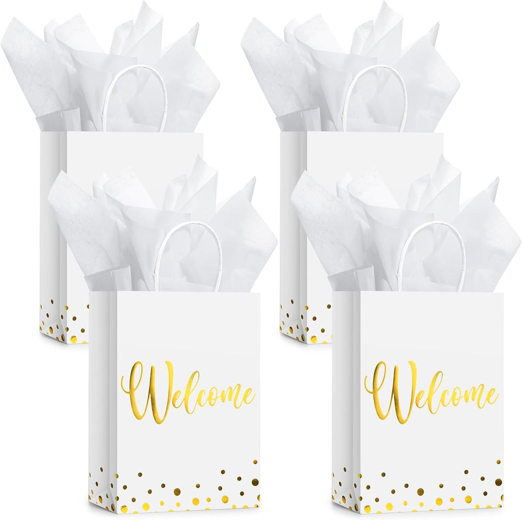 30 Pcs Welcome Gift Bags with Tissue Paper Gold Welcome Wedding Bags with Handle Kraft Paper Tote for Business, Birthday, Shopping, Wedding, Baby Shower, Party Favors(White)