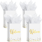 30 Pcs Welcome Gift Bags with Tissue Paper Gold Welcome Wedding Bags with Handle Kraft Paper Tote for Business, Birthday, Shopping, Wedding, Baby Shower, Party Favors(White)