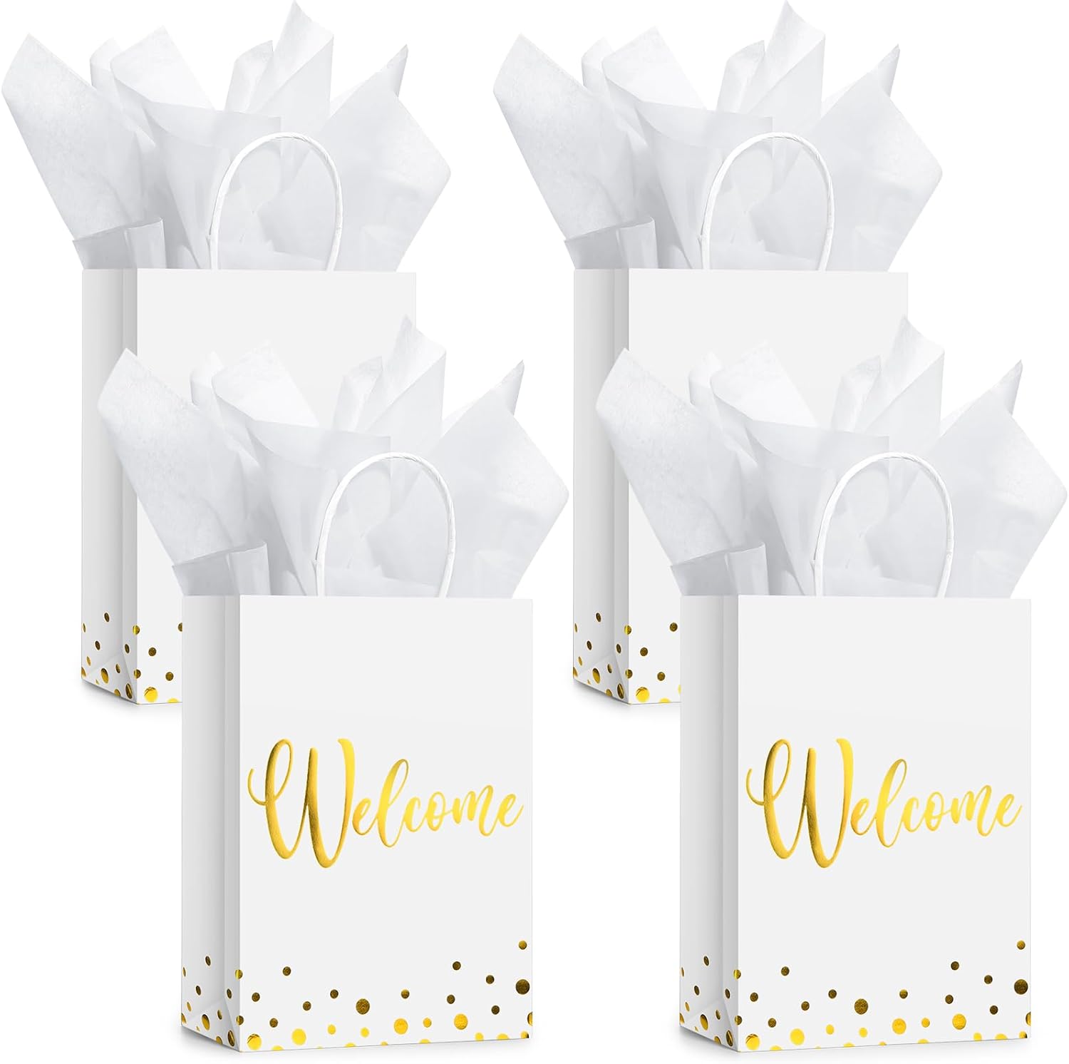 30 Pcs Welcome Gift Bags with Tissue Paper Gold Welcome Wedding Bags with Handle Kraft Paper Tote for Business, Birthday, Shopping, Wedding, Baby Shower, Party Favors(White)