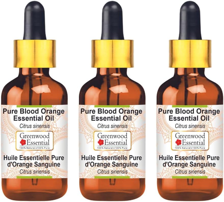 Greenwood Essential Pure Blood Orange Essential Oil (Citrus sinensis) with Glass Dropper Steam Distilled (Pack of Three) 100ml X 3 (10 oz)