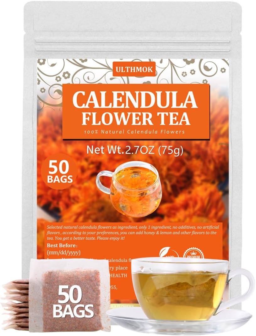Premium 50 Calendula Flower Tea Bags, Made with 100% Natural Calendula Flowers，For Skin Health & Support Wellness, No Additives & Caffeine Free.