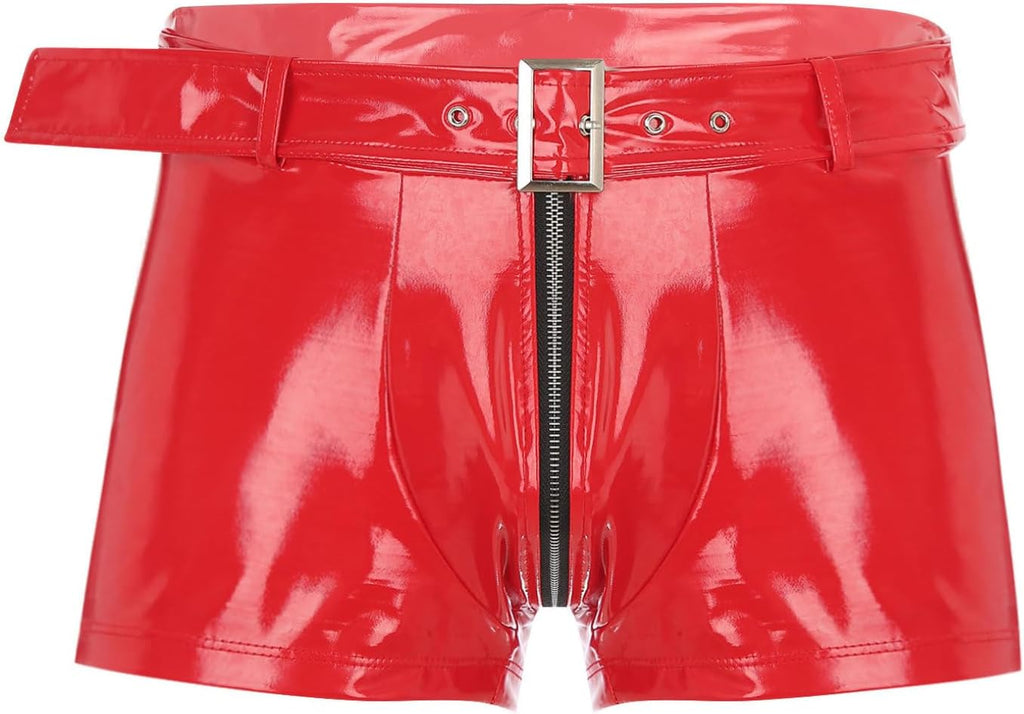 Freebily Men's Wet Look Latex PVC Leather Shorts Zipper Crotch Boxer Brief Clubwear Hot Pants