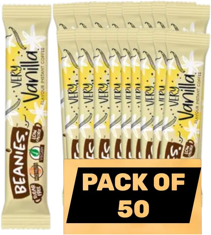 Beanies Very Vanilla Flavoured Instant Coffee Sticks – (Pack of 50 Single Serve Sachets) Smooth Vanilla Flavour