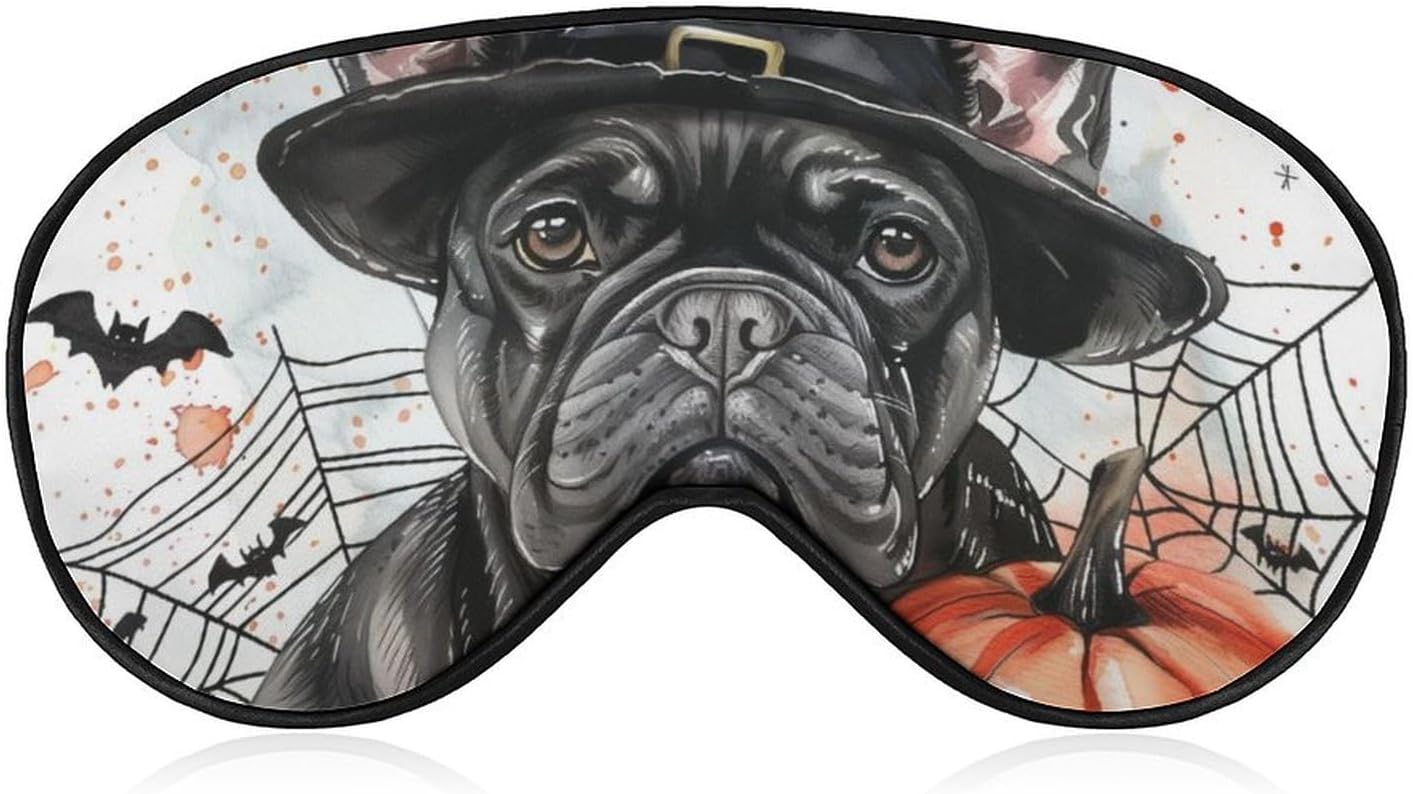 Halloween Dog Sleep Mask Cute French Bulldog Dog Pumpkins Blindfold for Adult Play Adjustable Soft Eye Sleep Mask for Men Women Travel Nap Games