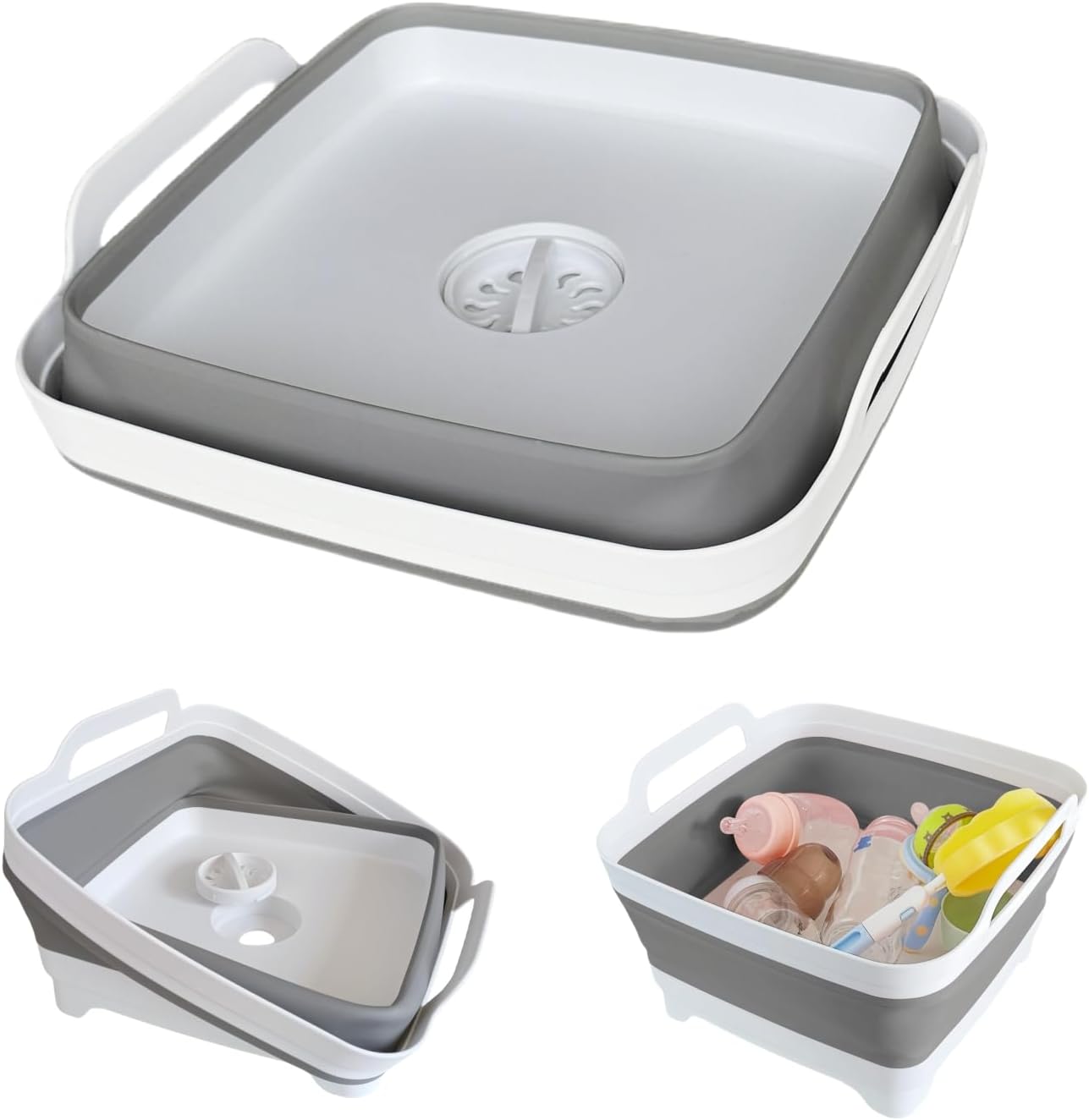 GIMWA Collapsible Wash Basin with Drain Plug - 2.4 Gallon Foldable Kitchen Sink for Baby Bottles, RV Camping, Space-Saving Dish Tub (Gray)