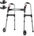 HOMLAND Walkers for Seniors, One-Hand Folding, 8 Height Adjustments, Walkers with Wheels, 2 Skis and 5" Wheels, Lightweight Walker for Seniors, Standard Walkers for Seniors, Aluminum Frame, Silver