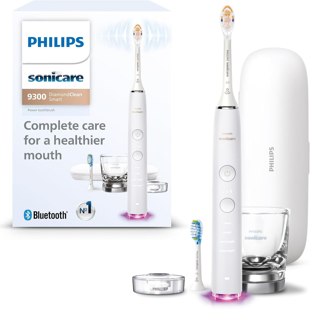 Philips Sonicare DiamondClean Smart 9300 Electric Toothbrush, Sonic Toothbrush with App, Pressure Sensor, Brush Head Detection, 4 Brushing Modes and 3 Intensity Levels, White, Model HX9903/05