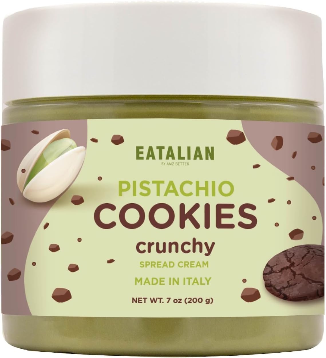 EATALIAN by AMZ BETTER Pistachio Cream with Sweet Crunchy Cookies, 7 oz/200 gr, Delicious Spread with a Uniquely Sweet Taste, Ideal on Bread, Excellent for Dubai Chocolate, Made in Italy