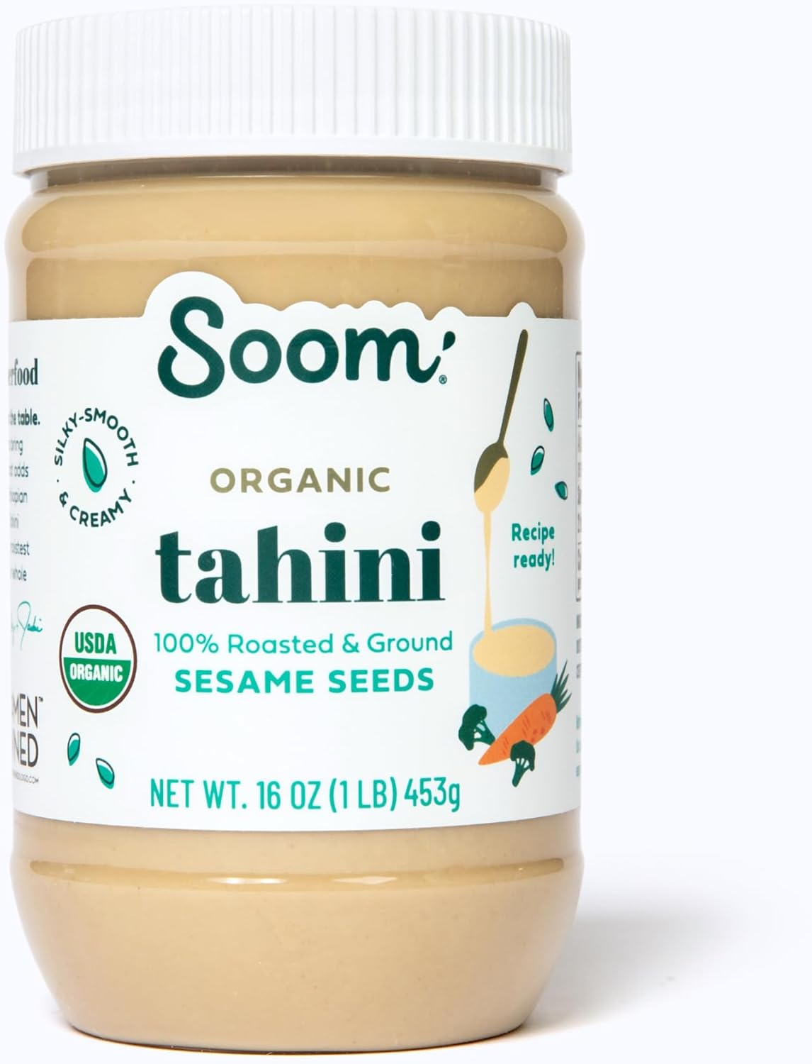 Soom Foods Organic Tahini 16oz (1 Pack) | Roasted & Ground Sesame Seed Paste | Creamy Tahini for Dubai Chocolate, Hummus, Sauces | Vegan, Nut-Free, Gluten-Free, Kosher, Keto, Paleo, Whole30