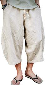 EKLENTSON Mens Cotton Linen Capri Pants Light Loose 3/4 Long Shorts Elastic Waist Drawstring Harem Casual Beach Yoga Trousers
