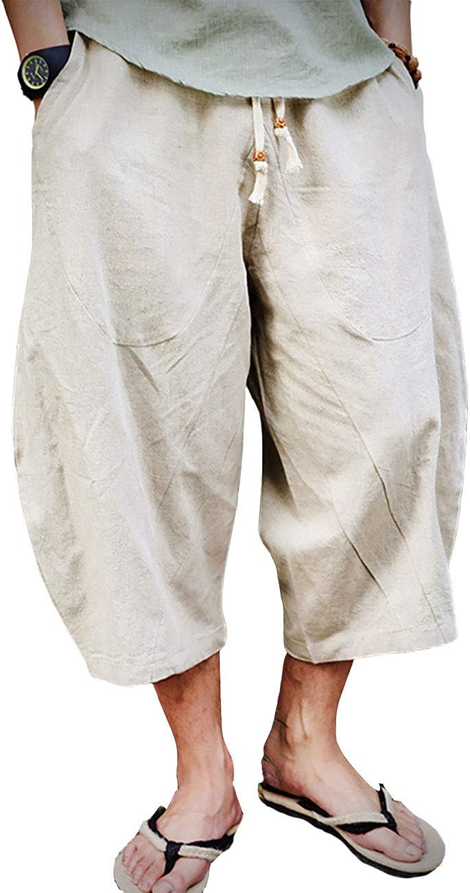 EKLENTSON Mens Cotton Linen Capri Pants Light Loose 3/4 Long Shorts Elastic Waist Drawstring Harem Casual Beach Yoga Trousers