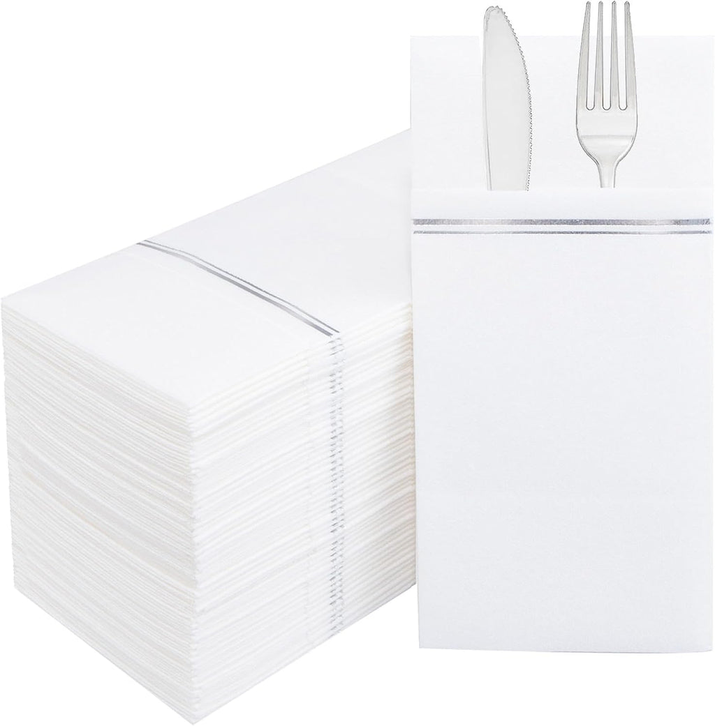Nervure 100PCS Silver Paper Napkins with Built-in Flatware Pocket - White and Silver Prefolded Cloth Like Disposable Napkins - Heavy-duty Linen-Feel Dinner Napkins for Party & Wedding & Dinner
