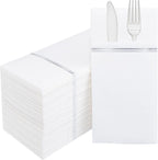 Nervure 100PCS Silver Paper Napkins with Built-in Flatware Pocket - White and Silver Prefolded Cloth Like Disposable Napkins - Heavy-duty Linen-Feel Dinner Napkins for Party & Wedding & Dinner
