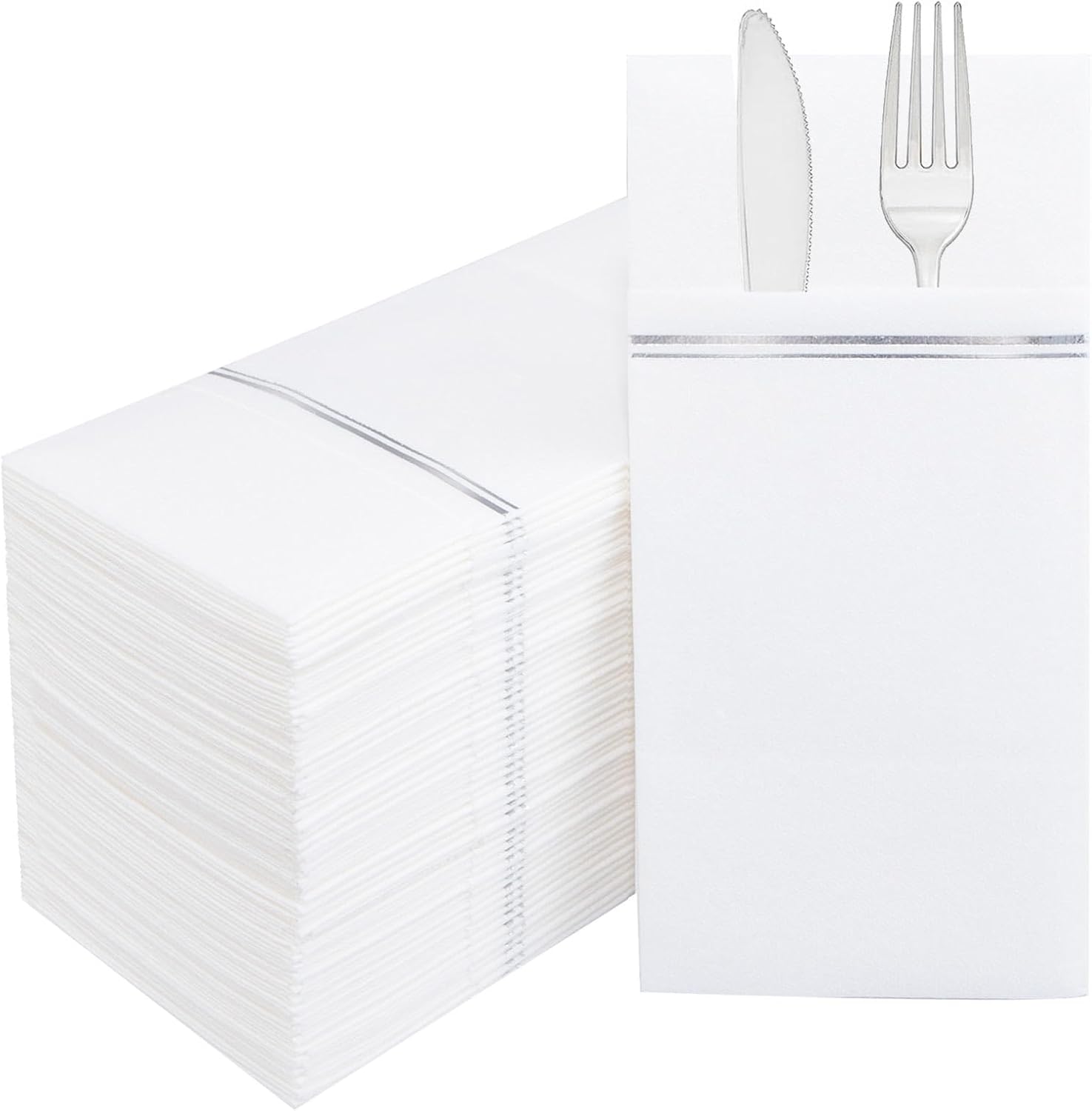 Nervure 100PCS Silver Paper Napkins with Built-in Flatware Pocket - White and Silver Prefolded Cloth Like Disposable Napkins - Heavy-duty Linen-Feel Dinner Napkins for Party & Wedding & Dinner