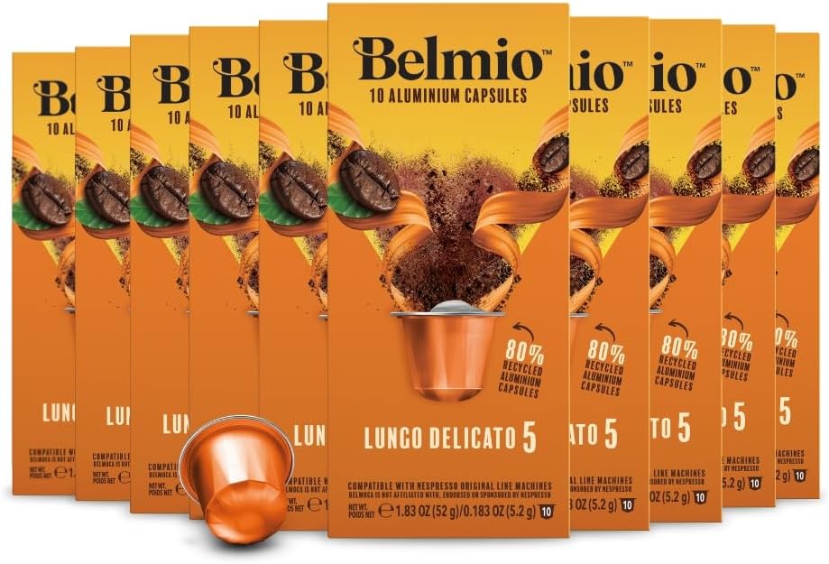 Belmio Lungo Delicato Espresso Coffee Pods – Light Roast – Mild & Aromatic - Nespresso Original Line Compatible – 10 Count (Pack of 10)