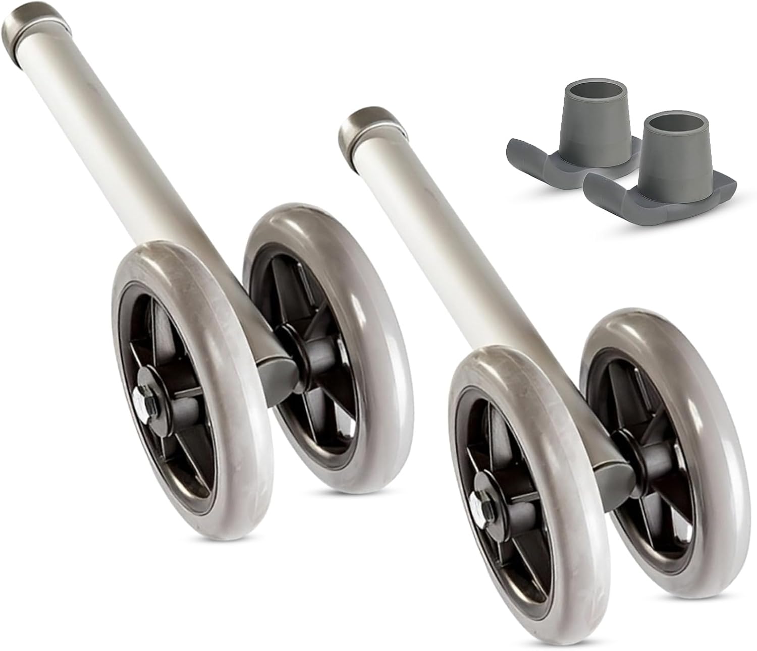 Healthline Heavy Duty Bariatric Walker Wheels – 5” Double Wheel Pair with 2 Glide Tips – Universal Replacement Kit for Standard and Folding Walkers – Sturdy Rubber Wheels, Up to 450 lbs Capacity