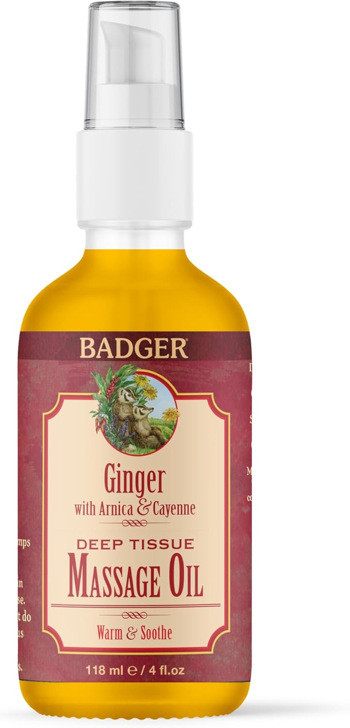 Badger Ginger Massage Oil, 100% Organic Massage Oil, w/Arnica Oil & Cayenne for Warming Soothing Deep Tissue Sore Muscle Relief, 4 fl oz Glass Bottle