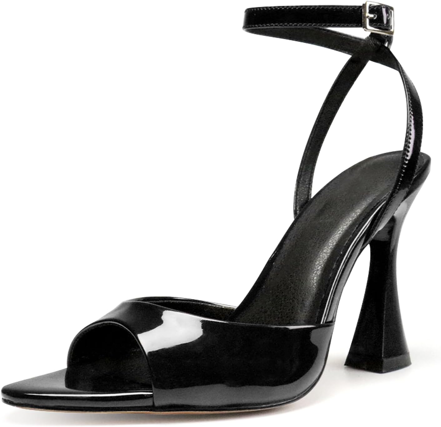 High Heels Pointed Open Toe for Women Chunky Heels Ankle Strap Strappy Kitten Block Heeled Sandals Dress and Party Wedding Shoes-Glossy Black-9.5