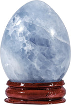 Sportmusies Natural Blue Celestite Stone Egg with Wood Stand, Polished Reiki Stone Egg Figurine Decoration for Home Desk Meditation, 2-2.36 inches