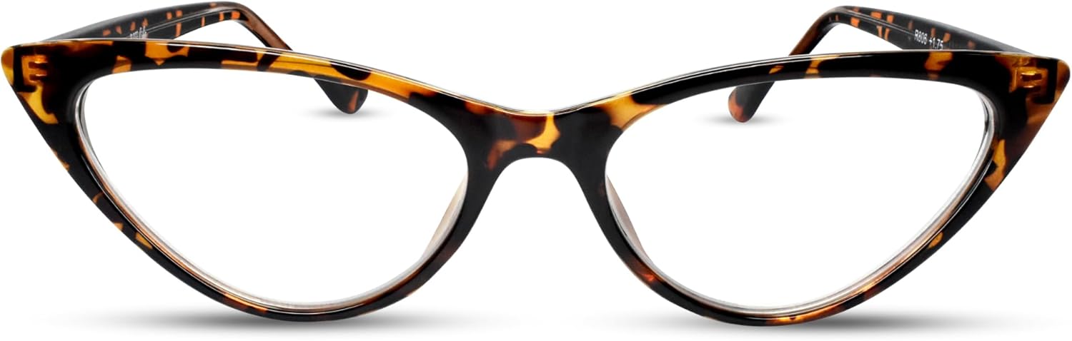 2SeeLife Small Cat Eye Reading Glasses for Women – Narrow-Medium Fit, Sturdy Frame, Spring Hinges, Premium Funky Readers, Brown Tortoise, +1.50