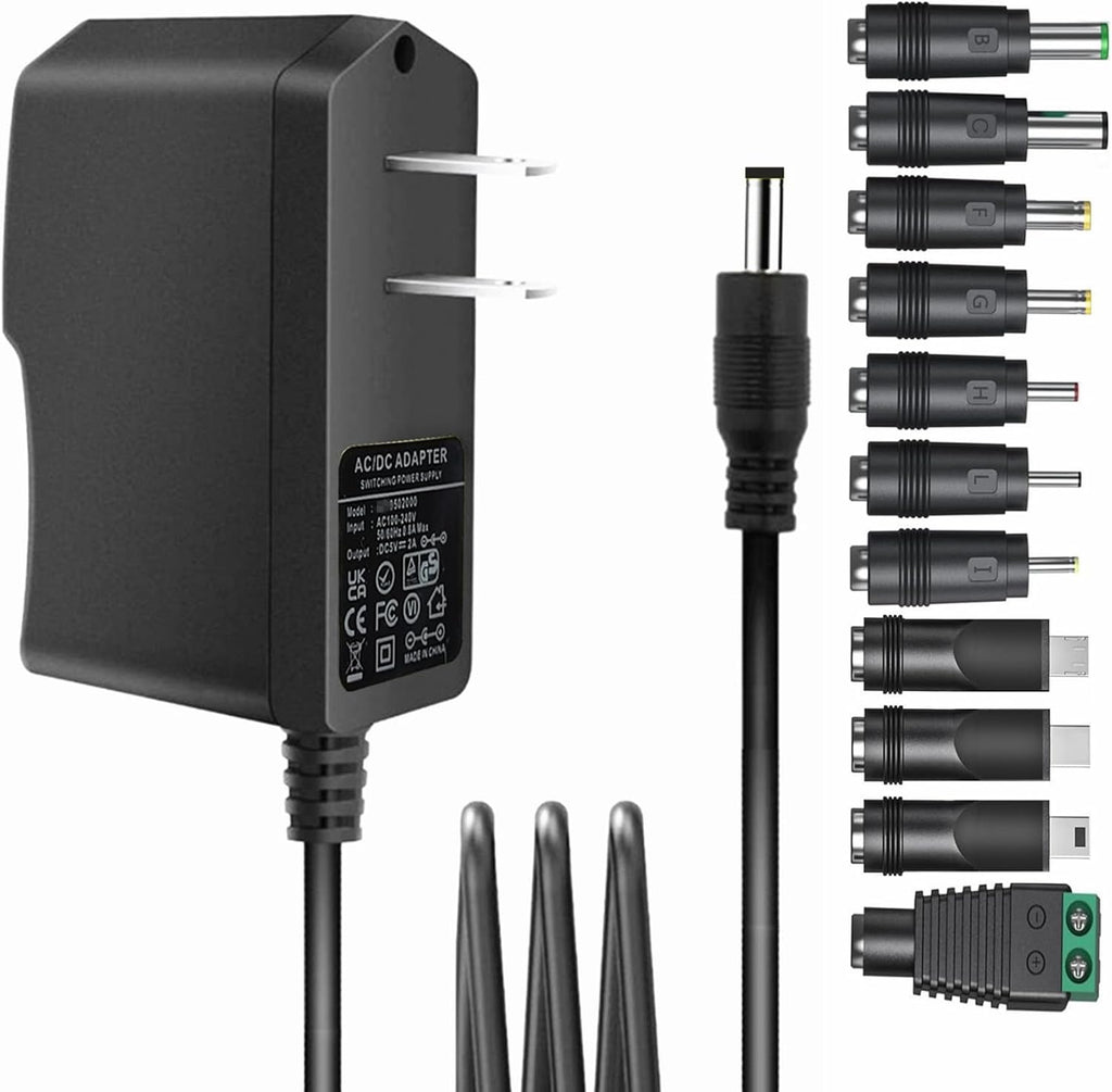 Universal 5V 2A ac Adapter Power Supply with 11 DC Plug Tips AC to DC5V 1.5A 1A 800mA 600mA 500mA 400mA 300mA 200mA 100mA Power Adapter 5v wall Charger ac dc Adapter (DC5V~2A)