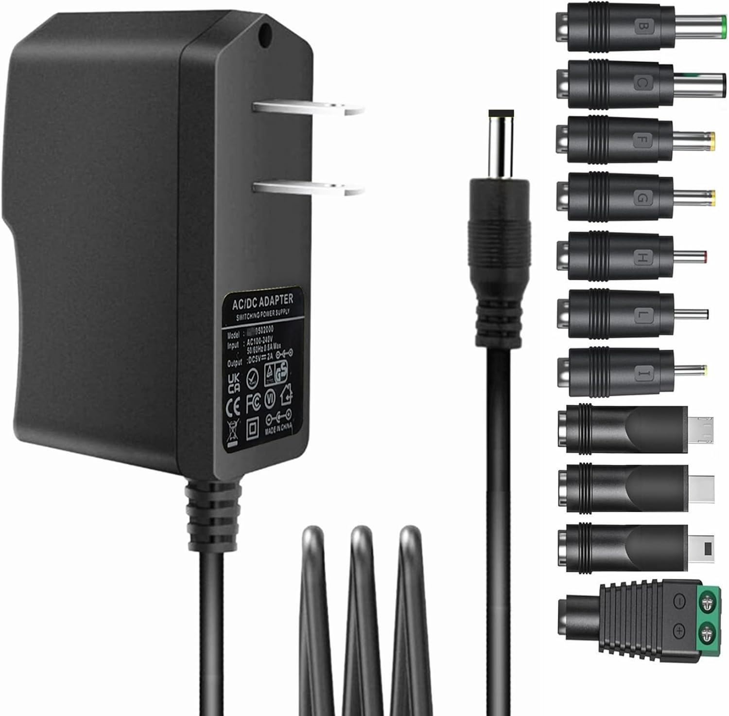 Universal 5V 2A ac Adapter Power Supply with 11 DC Plug Tips AC to DC5V 1.5A 1A 800mA 600mA 500mA 400mA 300mA 200mA 100mA Power Adapter 5v wall Charger ac dc Adapter (DC5V~2A)