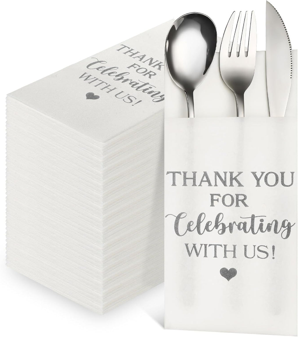 Fuutreo 100 Pcs Wedding Linen Feel Napkins Pocket Disposable Flatware Airlaid Paper Absorbent Dinner Napkins for Wedding Shower Engagement Party Decorations(Silver)