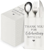 Fuutreo 100 Pcs Wedding Linen Feel Napkins Pocket Disposable Flatware Airlaid Paper Absorbent Dinner Napkins for Wedding Shower Engagement Party Decorations(Silver)