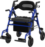 Walkers for Seniors with Seat, Extra Wide 2 in 1 Rollator Walker & Transport Chair with Reversible Backrest & Detachable Footrests, Foldable Wheelchair Combo with 8" Anti-Slip PU Wheels, Blue