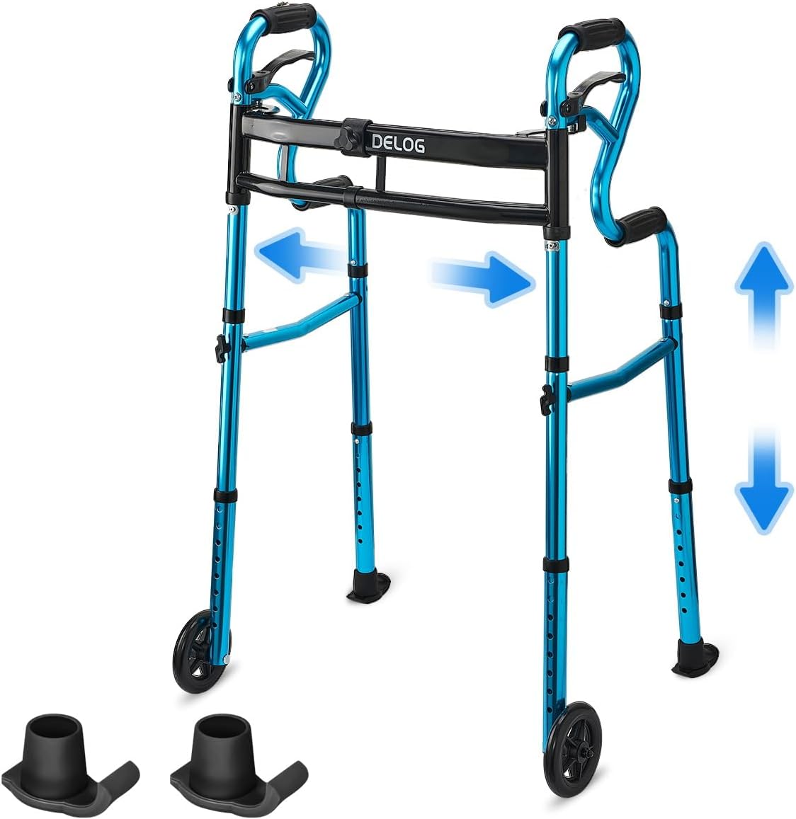 Delog Narrow Folding Walker for Seniors, 3 in 1 Folding Walker with 5” Front Wheels Width Adjustable Compact Standard Walker Support Up to 350lbs (Blue)