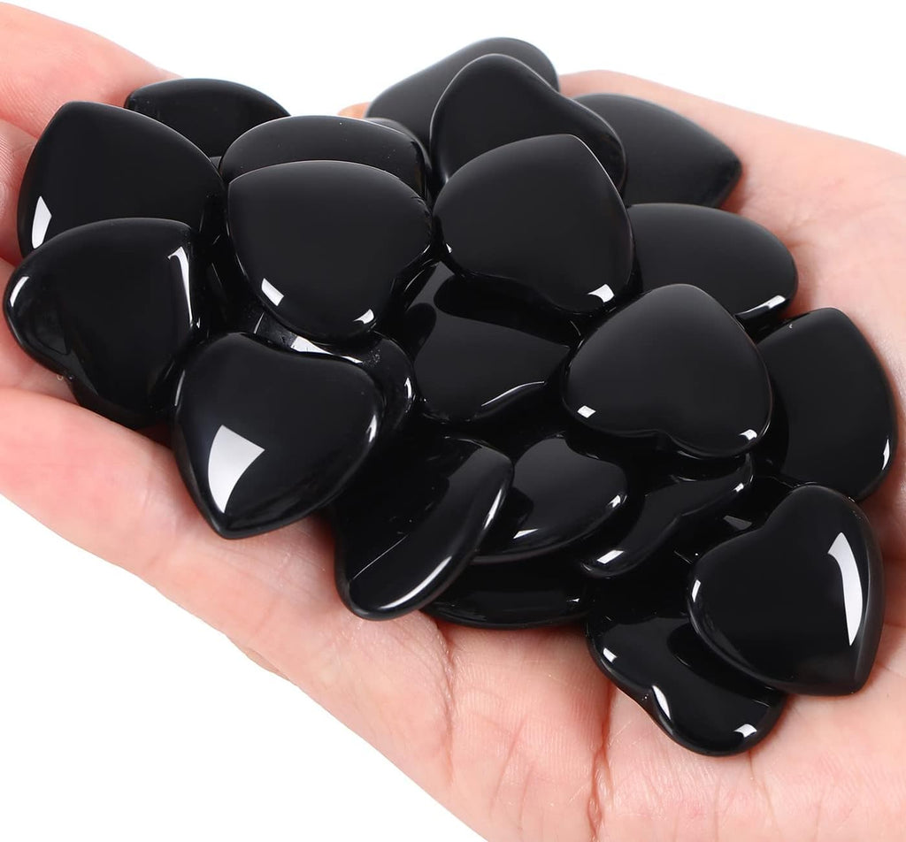 QINJIEJIE 20 PCS Natural Heart Healing Crystals Black Obsidian Polished Stones Pocket Crystal Palm Mini Cute Love Gemstones Set Bulk Wholesale Reiki Energy Balancing Meditation Valentine's Day Gift