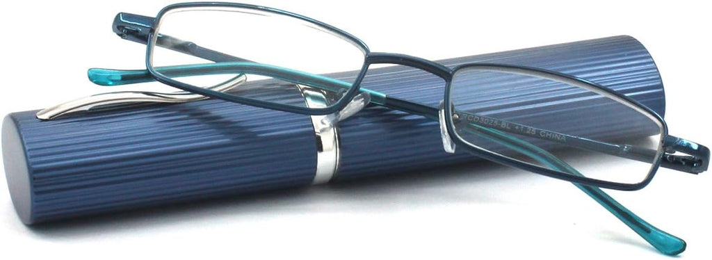 Ultra Slim Compact Lightweight Tube Reading Glasses with Portable Clip Aluminum Case
