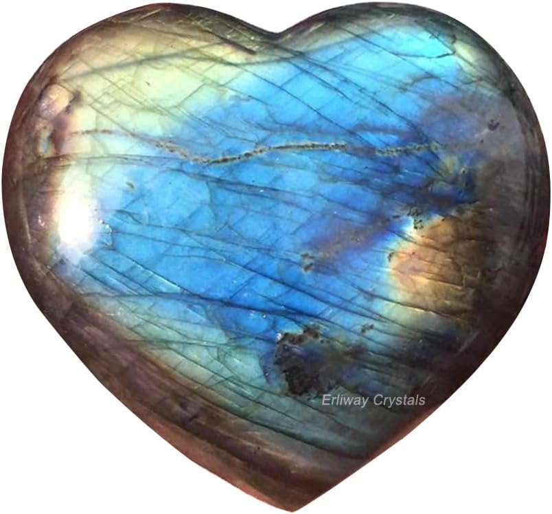 Natural 2" Labradorite Crystal Heart Palm Stone, Large Heart Shaped Love Stone, Polished Heart Carving Healing Crystals for Chakra Reiki Balancing Therapy Meditation Home Decoration