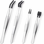 4 Pcs Rubber Tip Tweezers Set, Non-Scratch PVC Coated Tips - Fine Point, Flat & Bent Head Tweezers for Crafts, Jewelry Making, Electronics, Eyelash Extensions