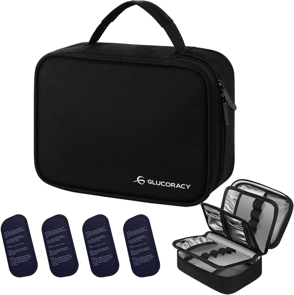 Glucoracy Large Insulin Cooler Travel Case,Medication Cooler Bag with 4 * 160g Reusable Ice Packs for Insulin Pens and Diabetic Supplies, Diabetic Care Kits Organizer with Handle Design, Black