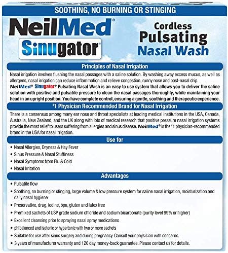 NeilMed Sinugator Cordless Pulsating Nasal Irrigator (Dual Speed) with 30 Premixed Packets and 3 AA Batteries - Black (Pack of 1)