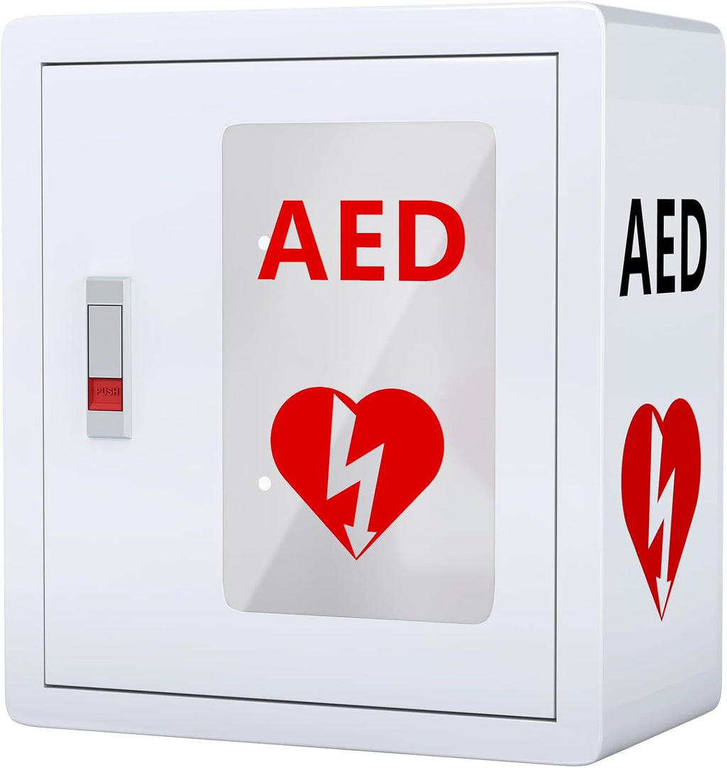 NLShan Wall Mounted AED Defibrillator Cabinet, Metal Steel Plate Storage Cabinet with Snap Lock, Fit All Brands of AED, 14.2 x 7.9 x 15.8 Inch