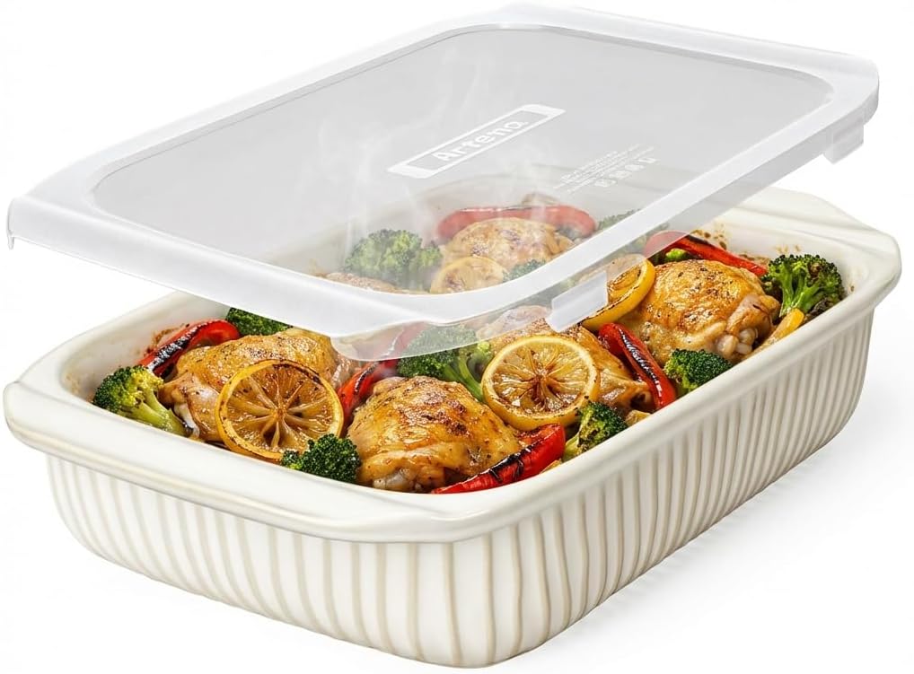 Artena Baking Dish 5.1 Quarts, Casserole Dishes For Oven, Baking Pan With Handles, Lasagna Pan Deep, Large Casserole Dish, Rectangular White Ceramic Bakeware (Baking Dish With Lids)