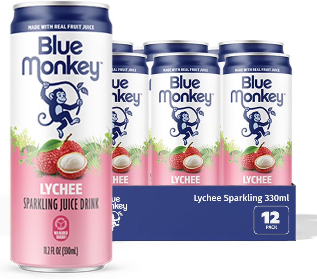 Blue Monkey Sparkling Lychee Juice - Real Fruit Juice, No Sugar Added, All Natural, Lightly Carbonated, Halal Certified - Refreshing Tropical Sparkling Water Alternative - 11.2oz (330ml) 12 Pack (11.2oz, Lychee Juice)