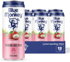Blue Monkey Sparkling Lychee Juice - Real Fruit Juice, No Sugar Added, All Natural, Lightly Carbonated, Halal Certified - Refreshing Tropical Sparkling Water Alternative - 11.2oz (330ml) 12 Pack (11.2oz, Lychee Juice)