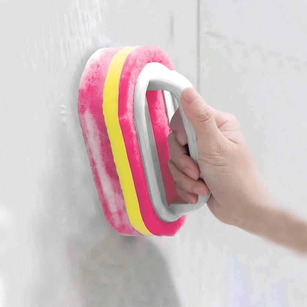 Cleaning Brush for Bathroom Kitchen Bathtub Toilet Cleaner Multi Function Handheld Cleaning Sponge Brush with Ergonomic Handle, Pink, 1PC