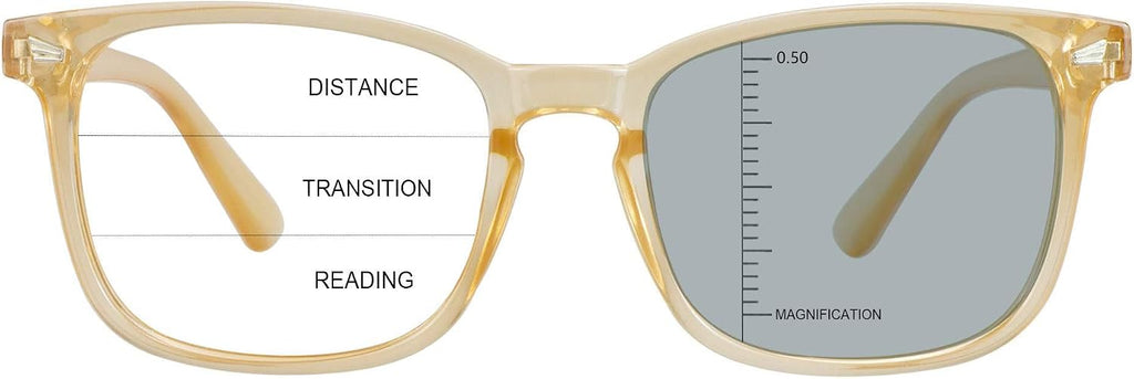 Vintage Square Progressive Multifocal Presbyopic Glasses, Photochromic Gray Sunglasses for Men Women Readers (Champagne,+0.00/+1.25 Magnification)