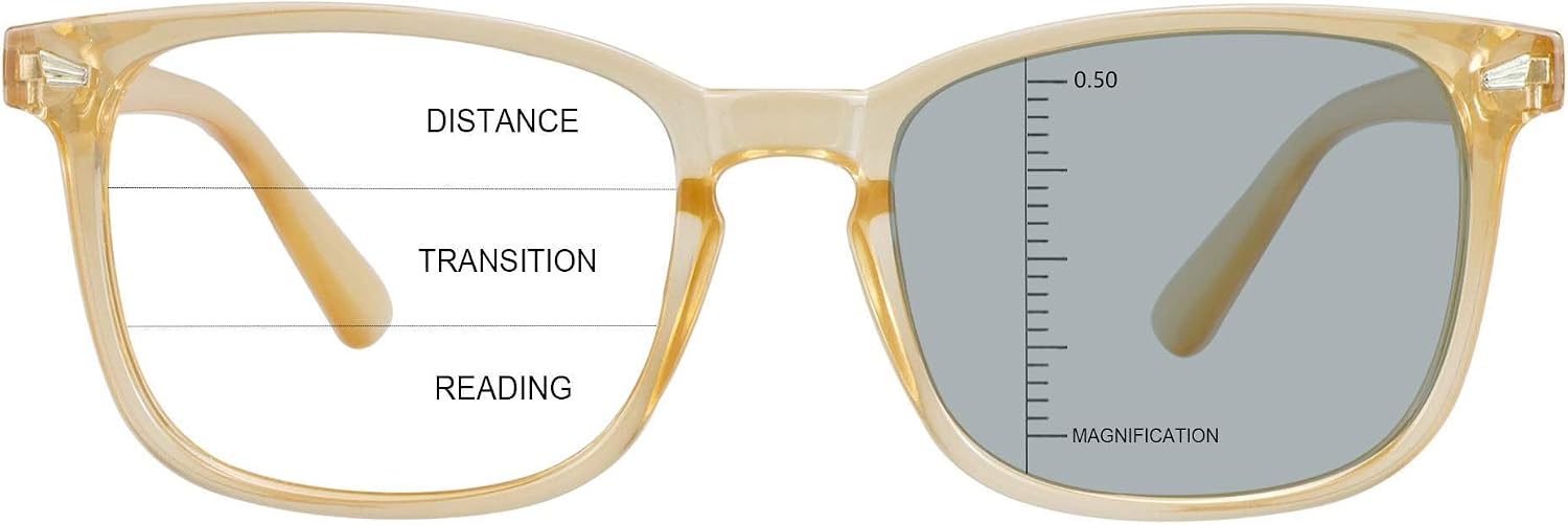 Vintage Square Progressive Multifocal Presbyopic Glasses, Photochromic Gray Sunglasses for Men Women Readers (Champagne,+0.00/+1.25 Magnification)