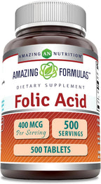 Amazing Formulas Folic Acid (Vitamin B9) 400 mcg | Tablets Supplement | Non-GMO | Gluten Free | Made in USA (1 Pack, 500 Count)