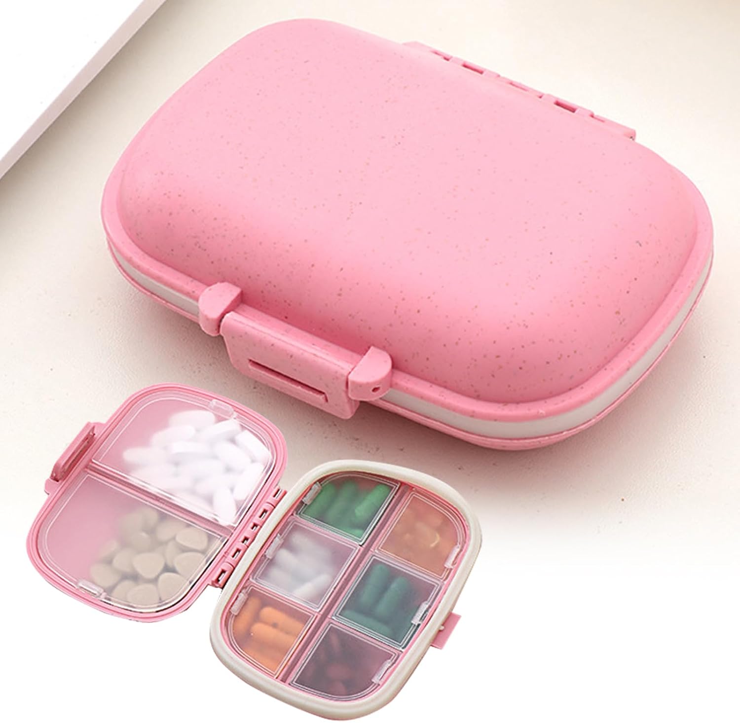 Travel Pill Organizer 8 Compartments Pill Case, Portable Folding Small Pill Box with Seal Ring Moisture Proof, Daily Pill Container Used for Carry Storage Medicine Organizer (Pink)