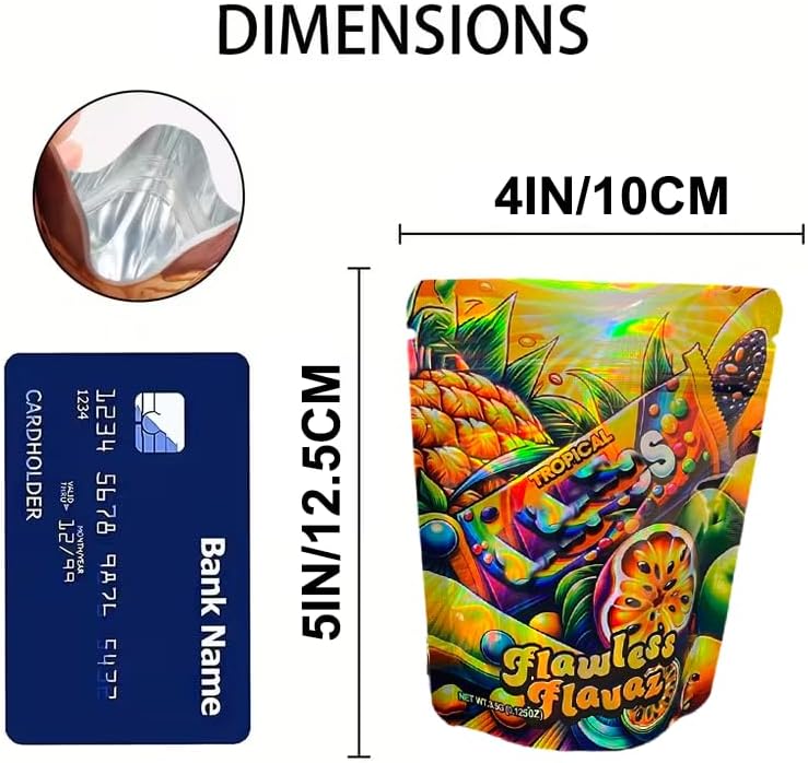 100 Pack 3.5g Mylar Storage Bags With Design, Holographic Rainbow Color, Resealable Stand-up 3.5 grams Baggies for Candy, Cookies, Snacks Packing, 4x5 Inches (PINEAPPLE)