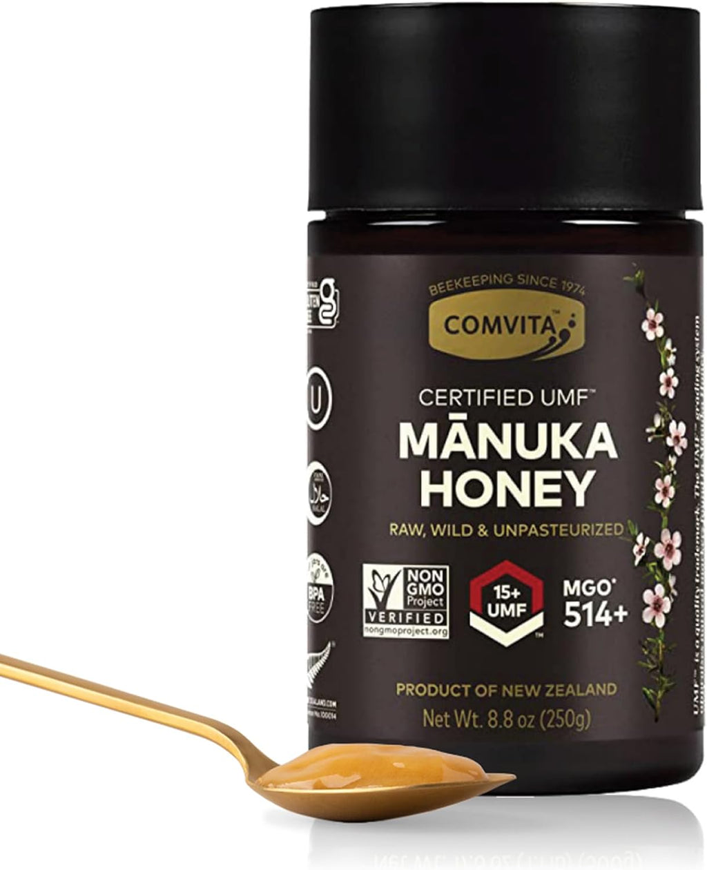 Comvita Manuka Honey UMF 15+ (MGO 514+) - Raw Manuka Honey New Zealand, Pure & Unpasteurized, Superfood for Immune Health, Use in Tea, Wild, Monofloral, Non-GMO - 250g (8.8 oz)