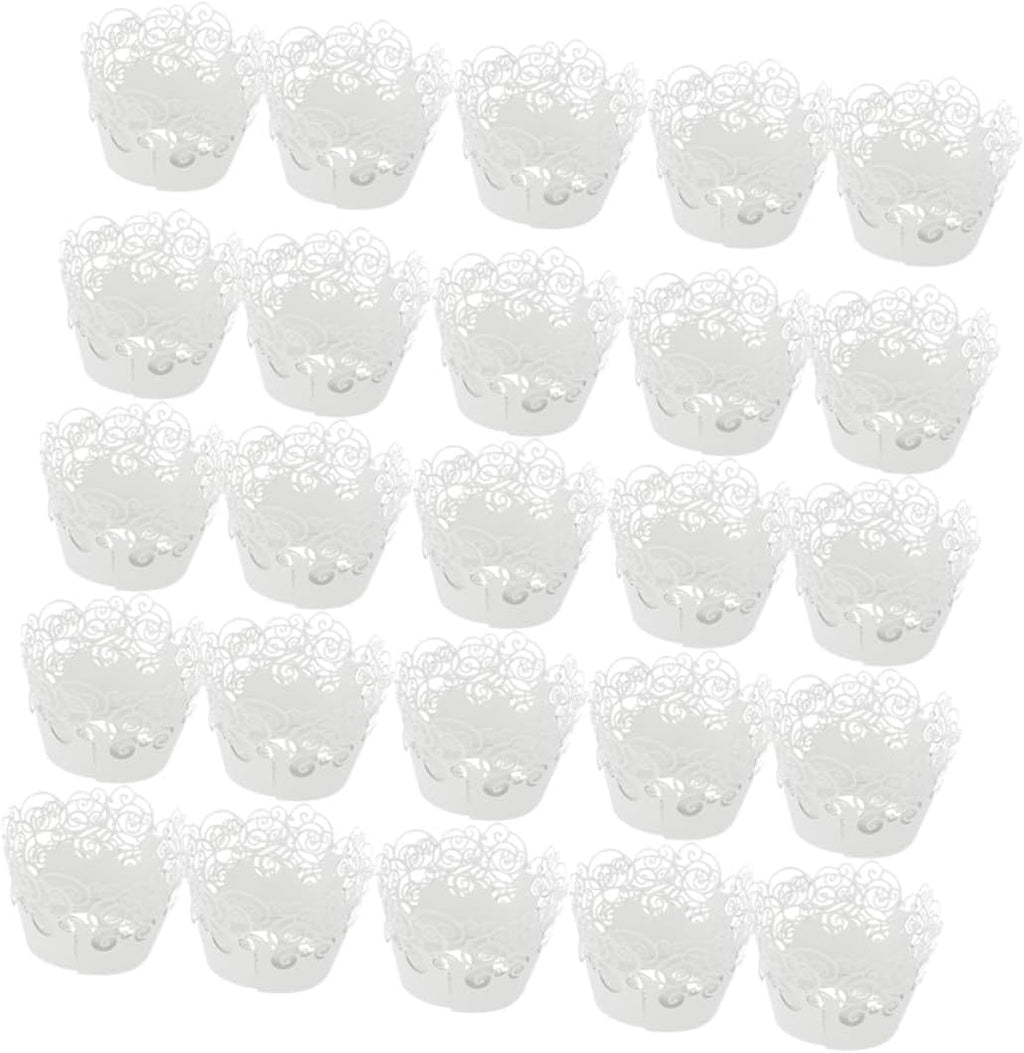 OUNONA 25pcs Hollow out Cake Wrappers Lace Muffin Baking Cups White Pearlized Paper for Wedding Party Dessert Decoration