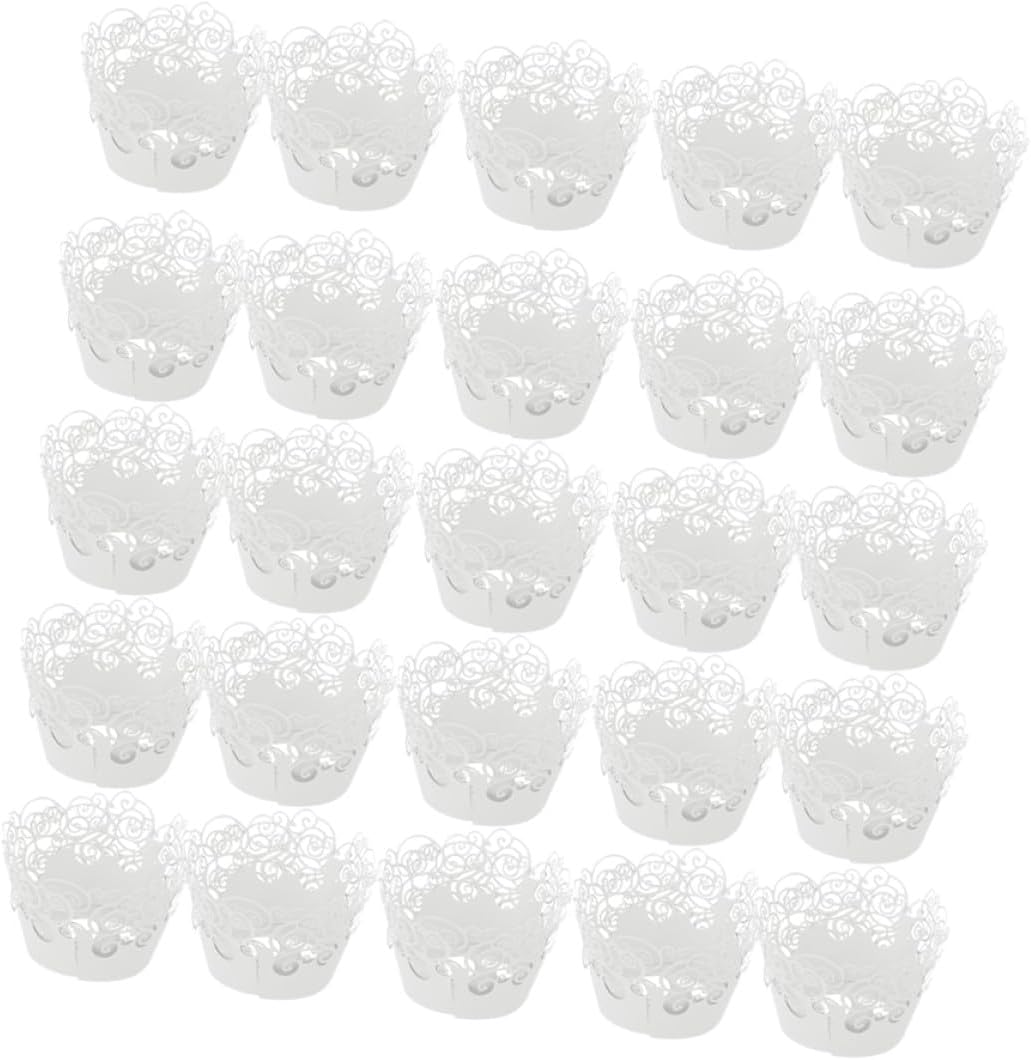 OUNONA 25pcs Hollow out Cake Wrappers Lace Muffin Baking Cups White Pearlized Paper for Wedding Party Dessert Decoration